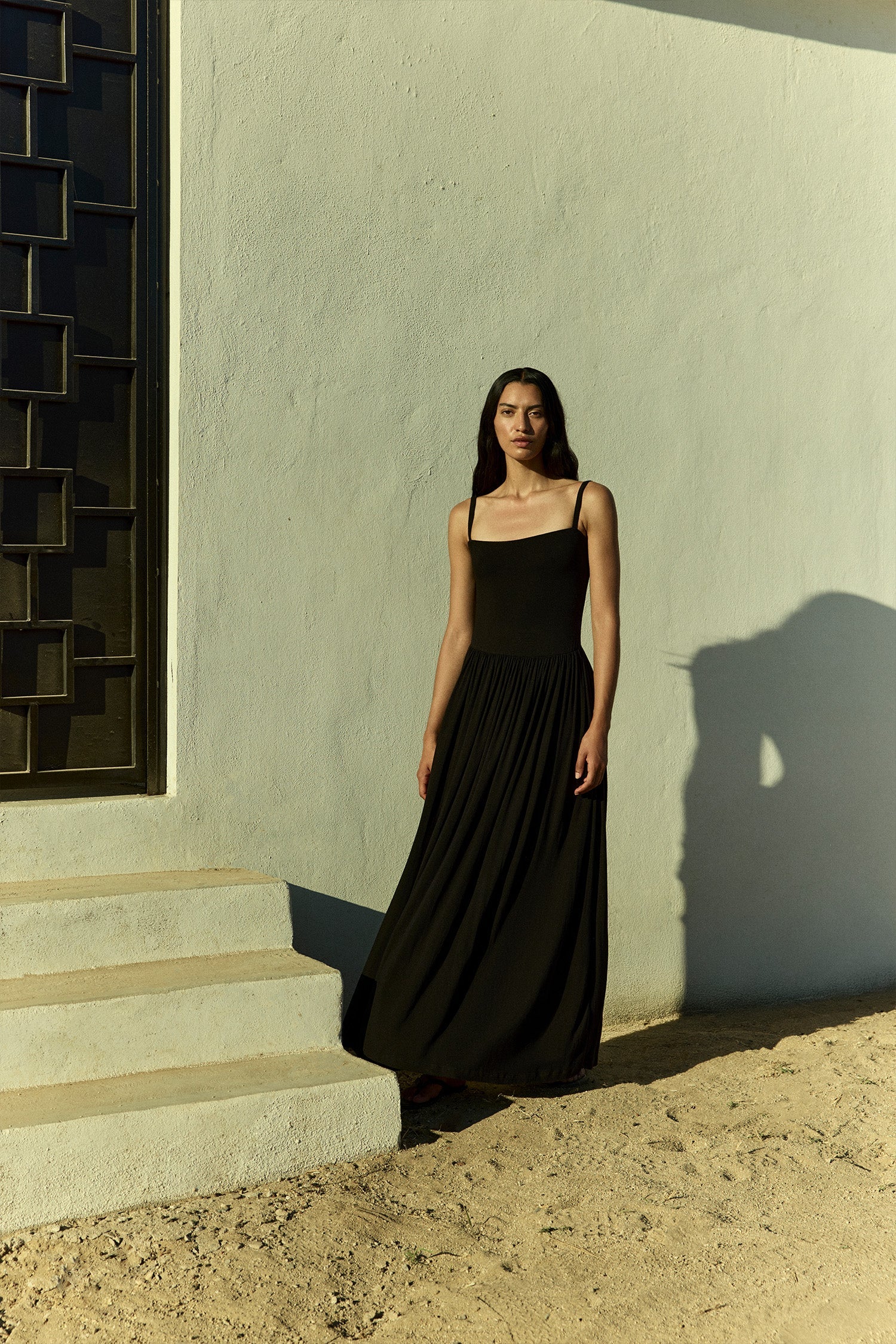 Square Neck Gathered A-Line Maxi Dress in Compact Jersey