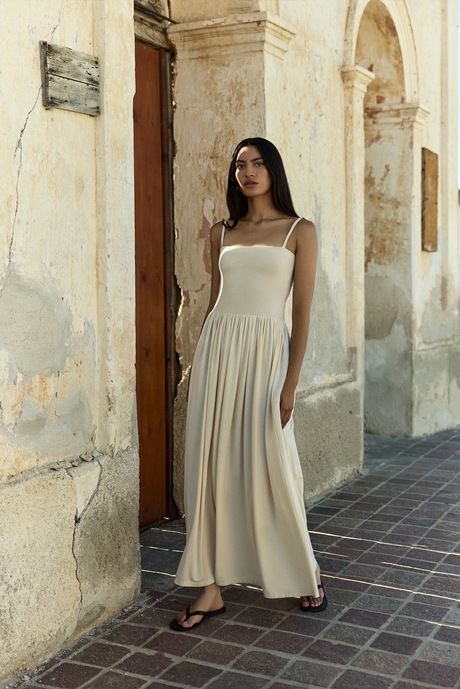 Square Neck Gathered A-Line Maxi Dress in Compact Jersey