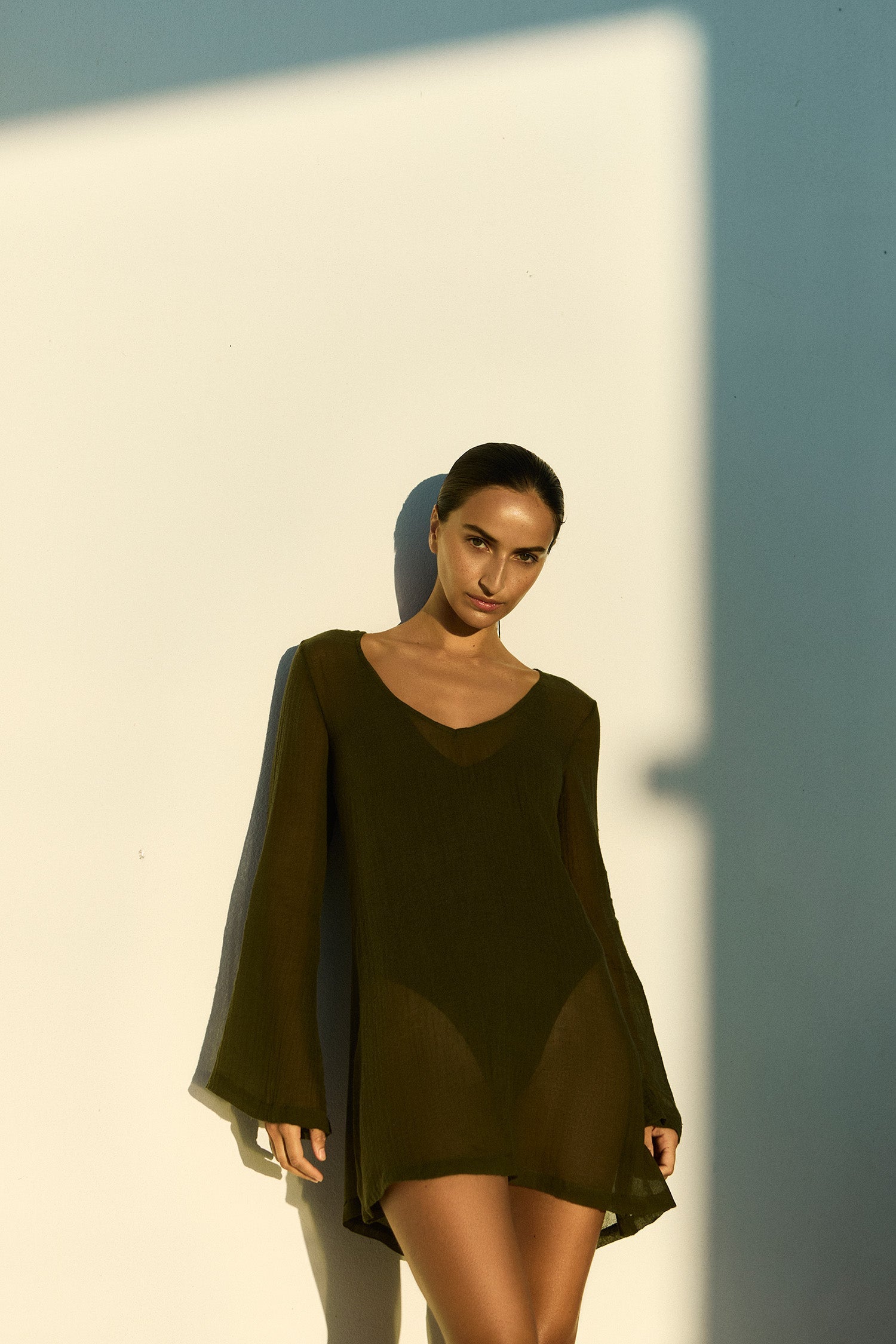 Bell Sleeve Tunic Dress in Woven Bamboo Cotton Gauze