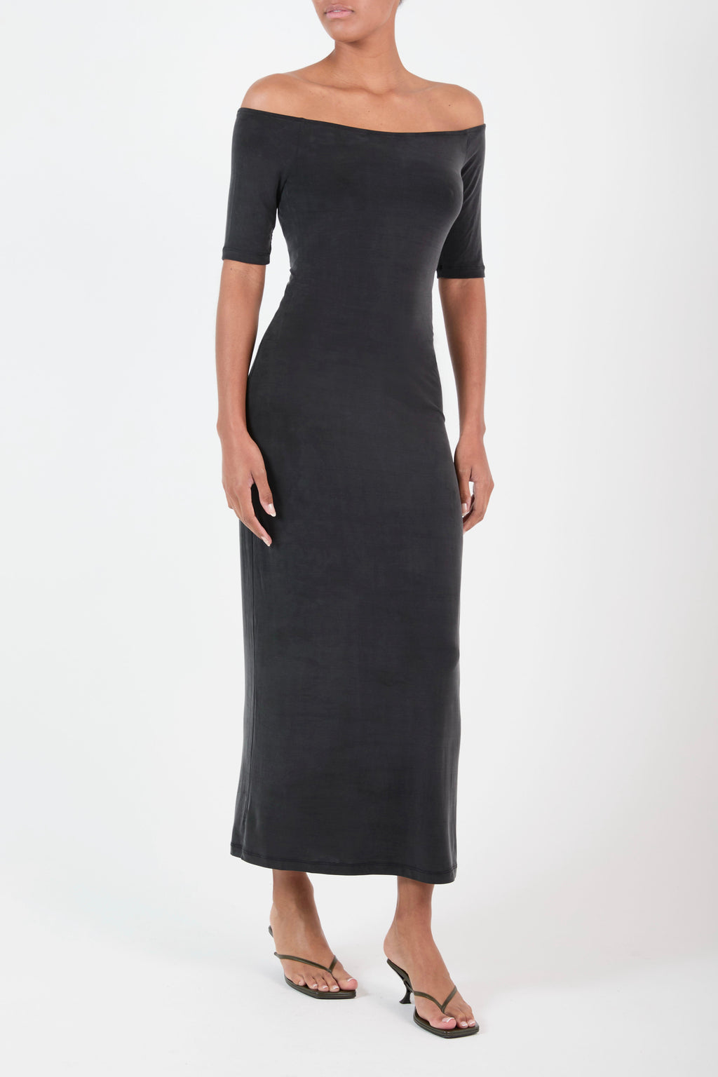Carolyn Off The Shoulder Midi Dress in Luxe Cupro Jersey