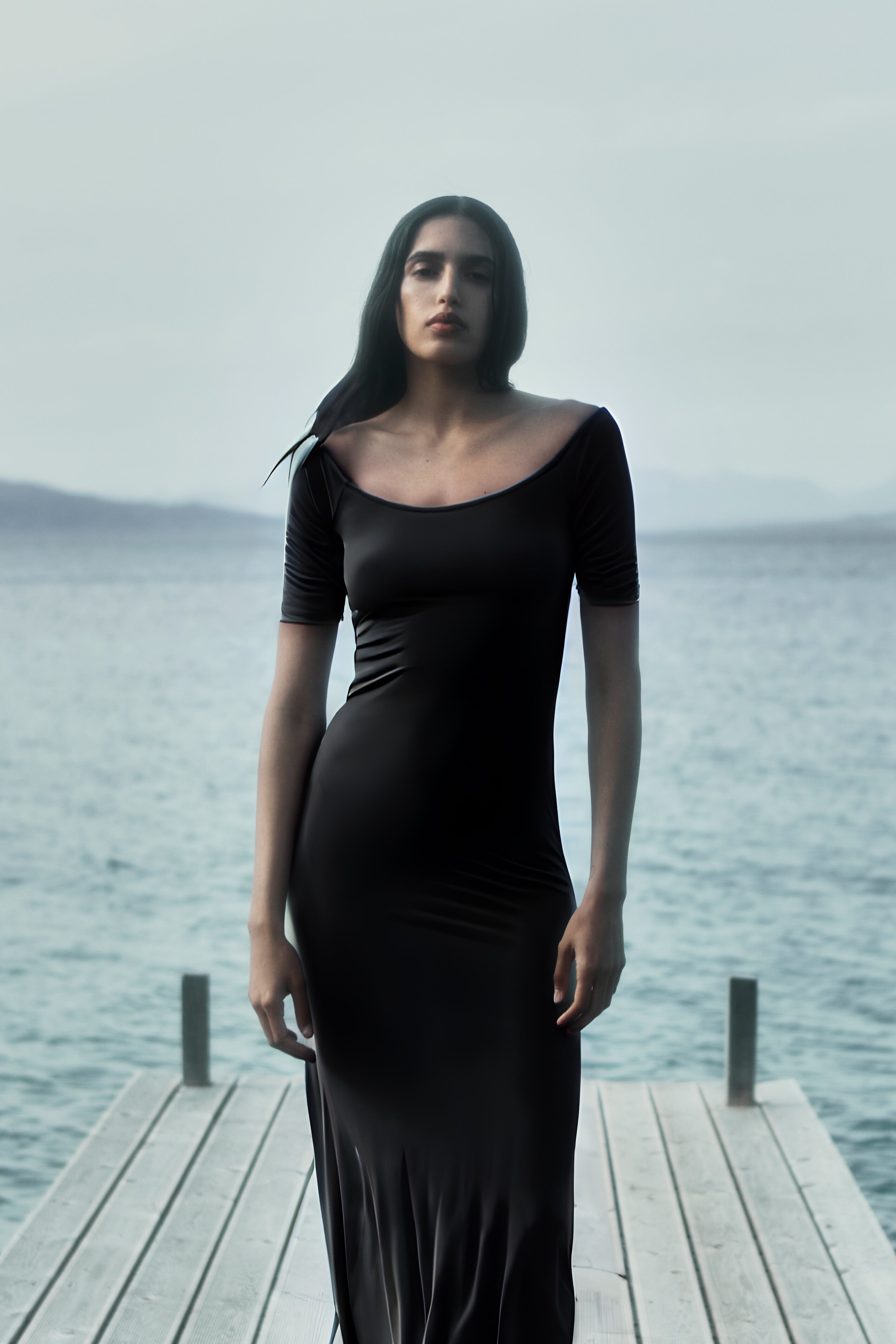 Carolyn Off The Shoulder Midi Dress in Luxe Cupro Jersey