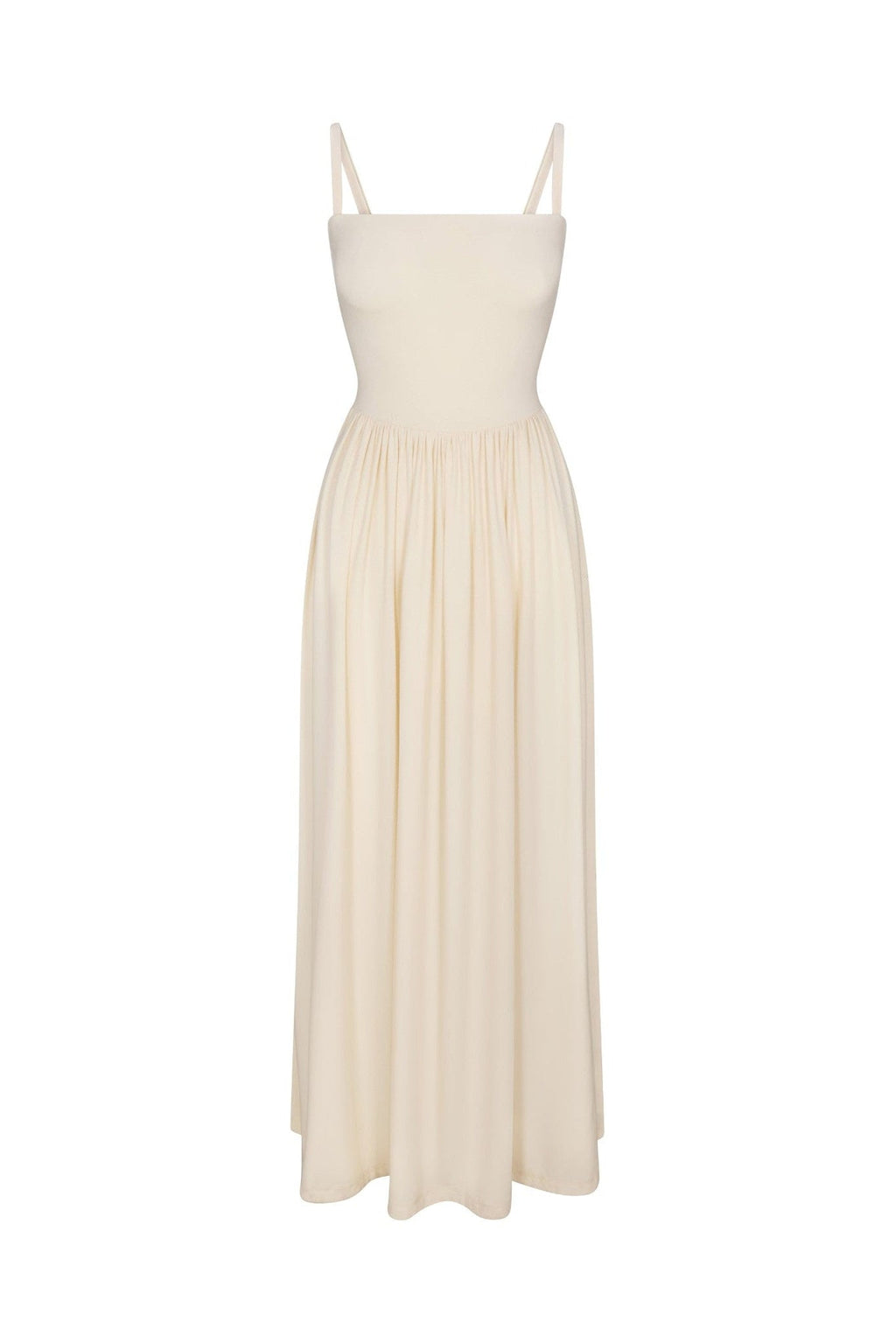 Square Neck Gathered A-Line Maxi Dress in Compact Jersey