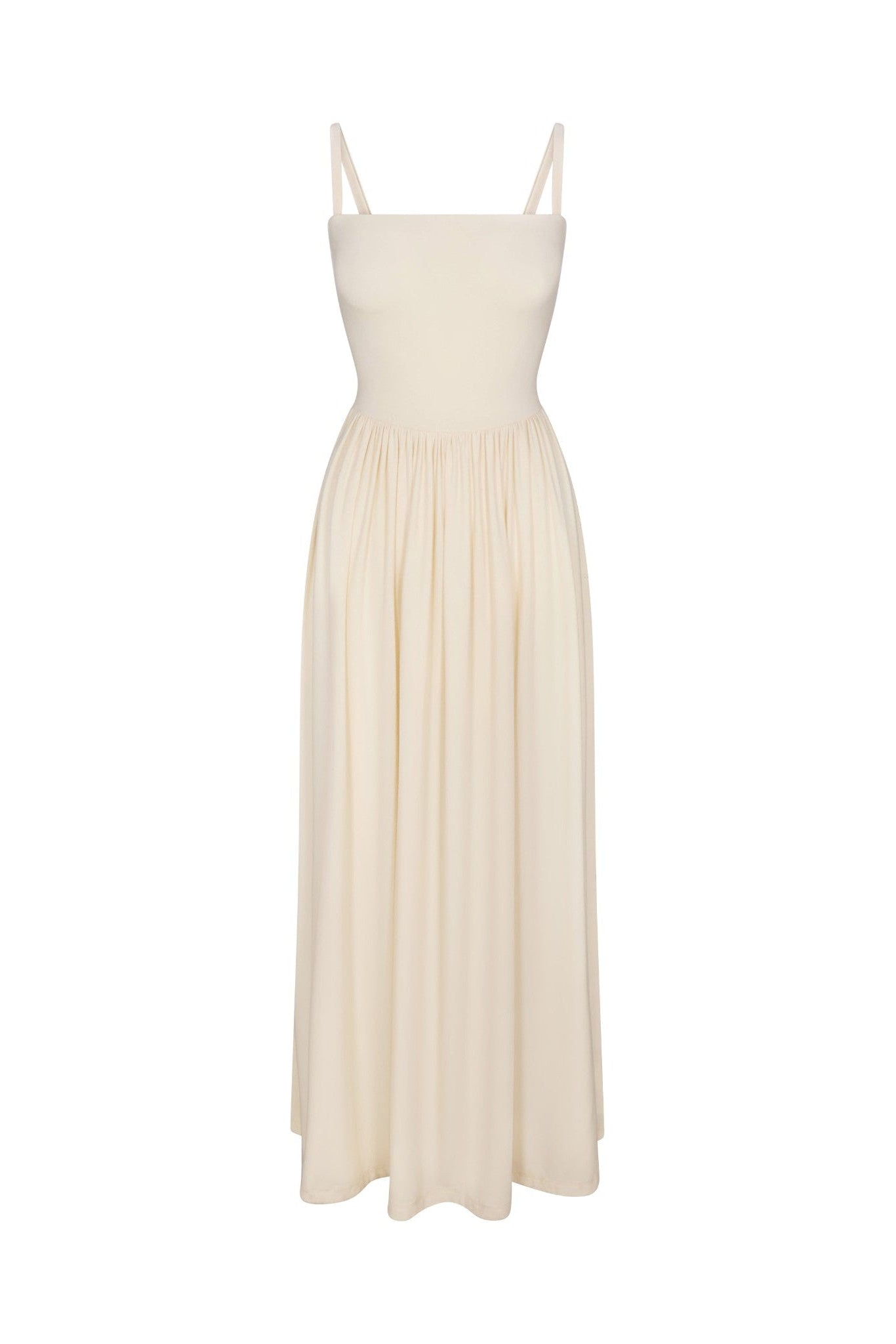 Square Neck Gathered A-Line Maxi Dress in Compact Jersey
