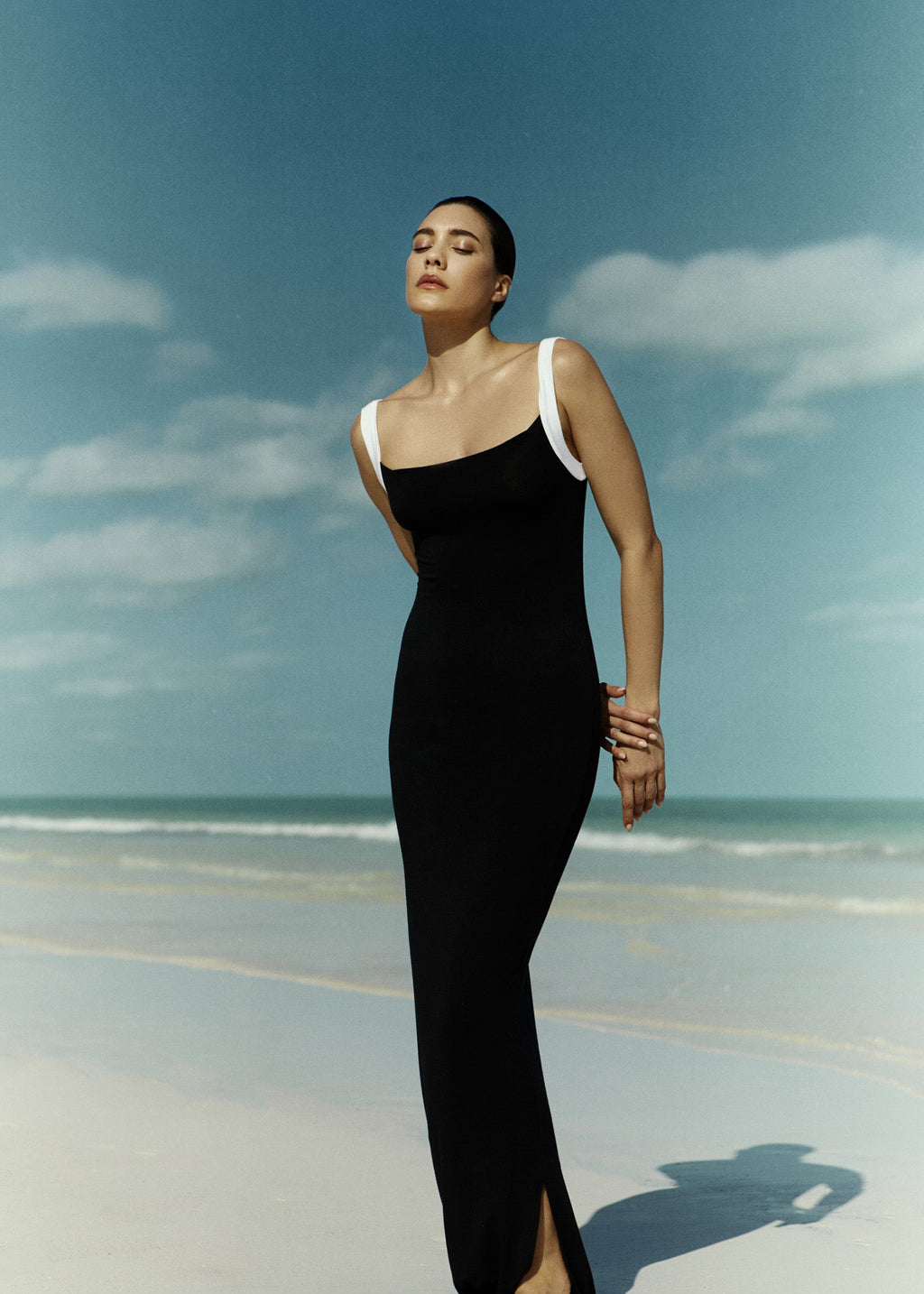 Square Neck Maxi Tank Dress In Black & White Contrast Strap Jersey