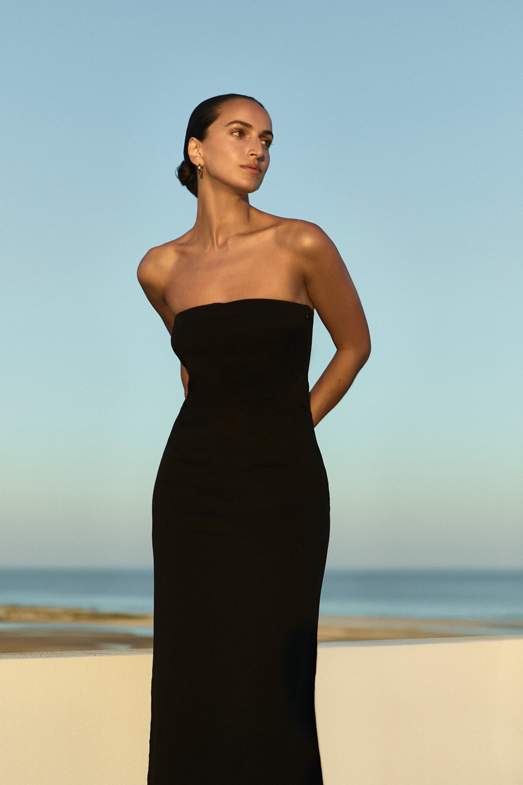 Strapless Midi Dress in Stretch Twill