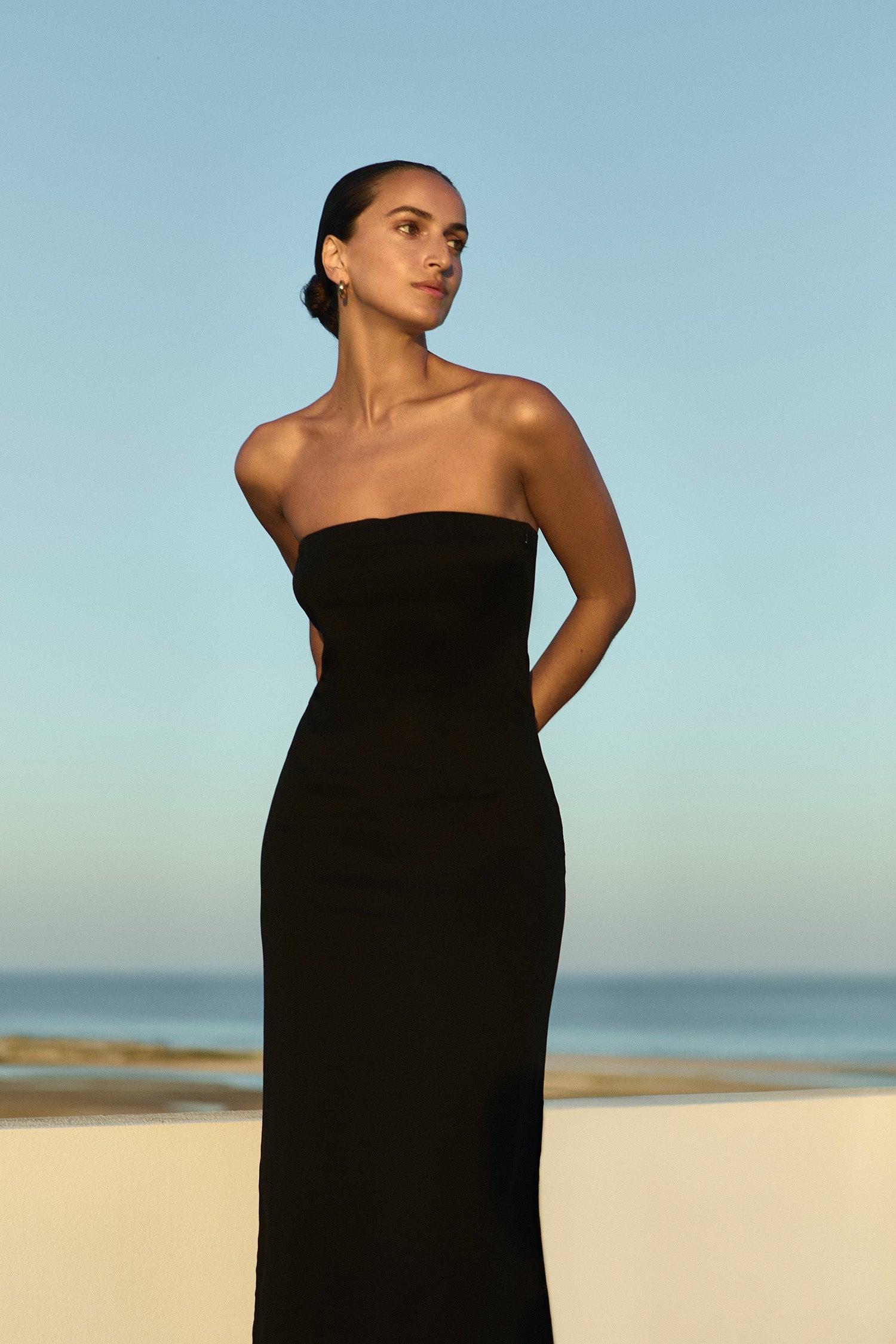 Strapless Midi Dress in Stretch Twill